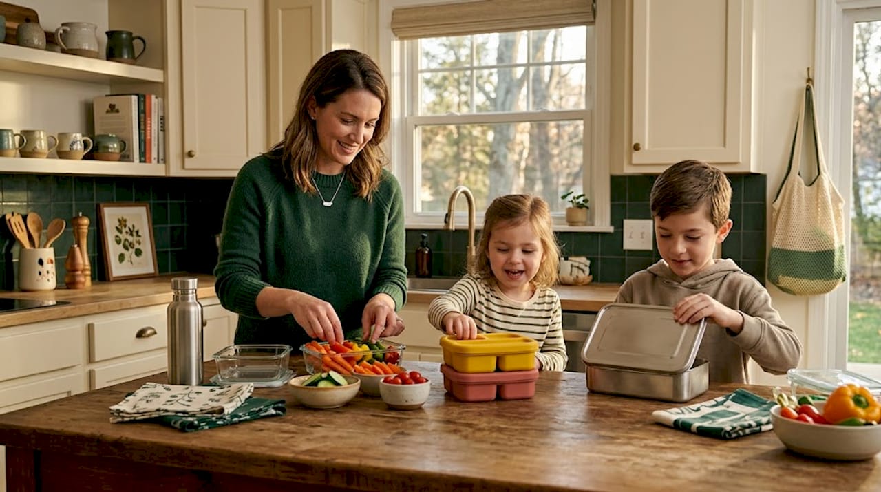 Family preparing reusable lunch containers