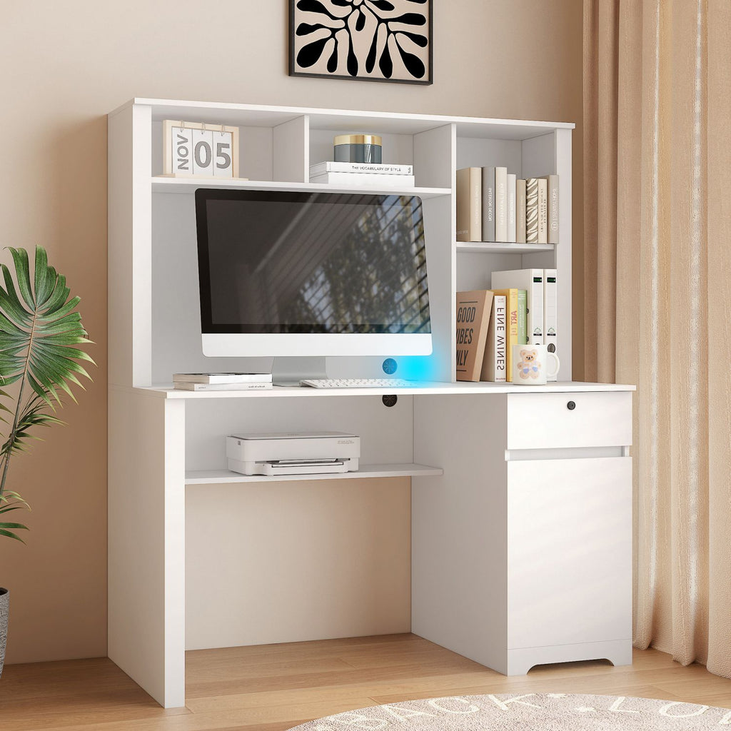 versatile white desk with hutch and bookshelf equipped with charging ports drawers for home office and study needs - ima