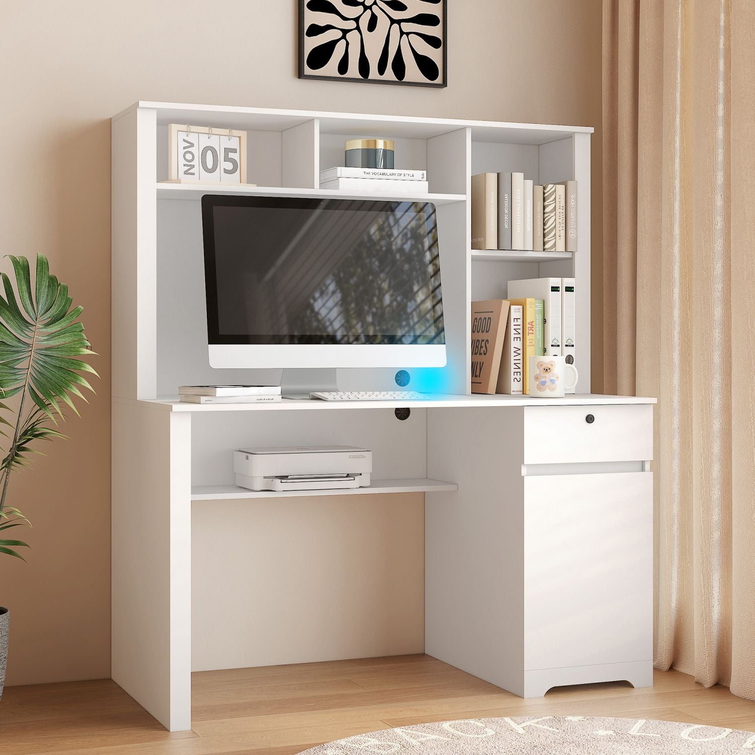 versatile white desk with hutch and bookshelf equipped with charging ports drawers for home office and study needs - ima