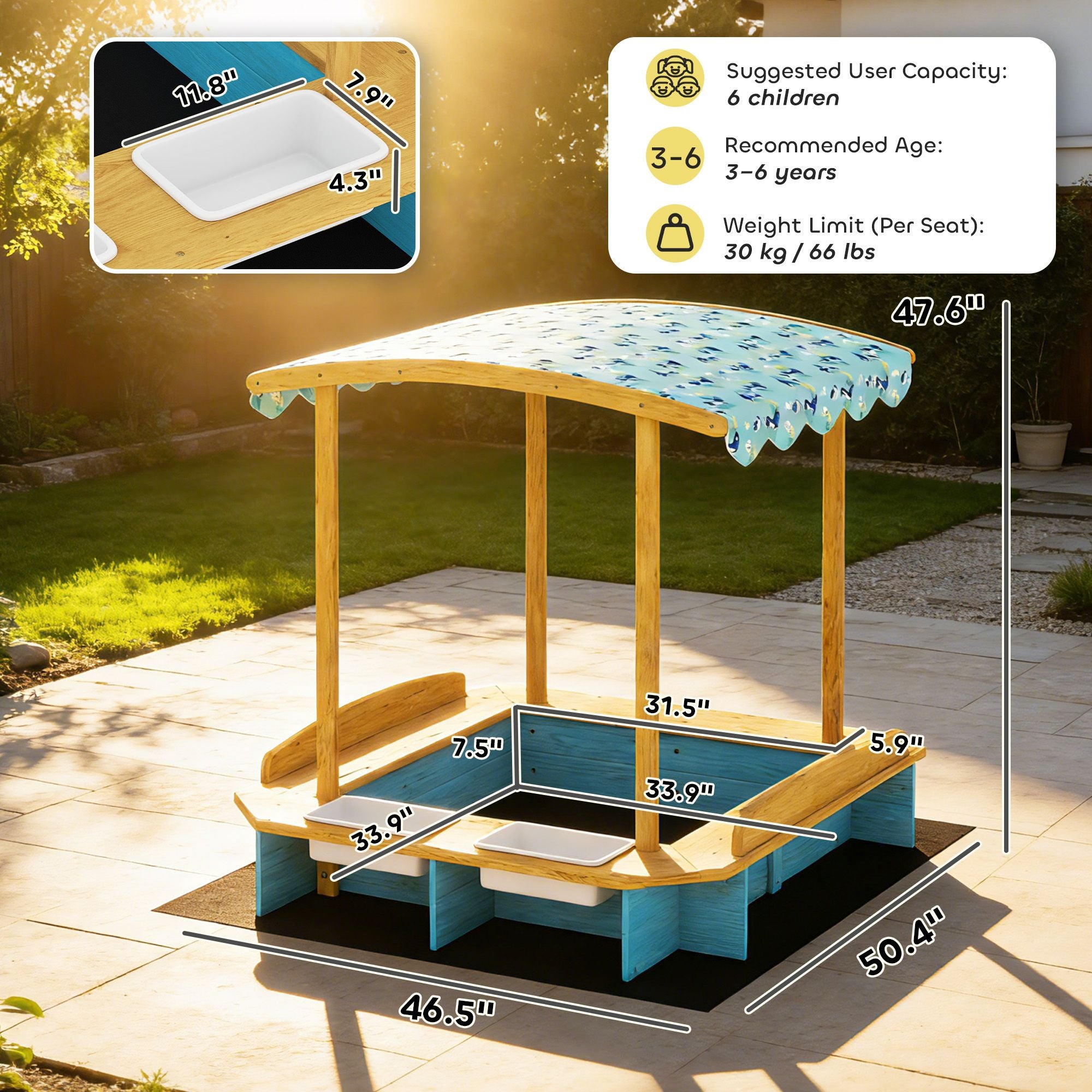 wooden sandbox with dinosaur print canopy kids sandbox outdoor with bench seats 2 storage bins - 