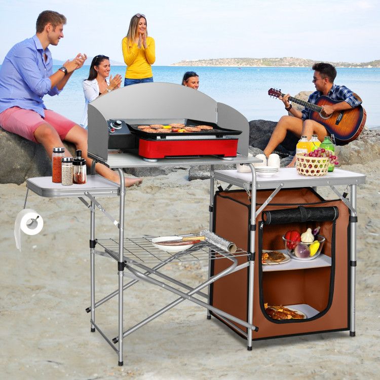 foldable outdoor bbq portable grilling table with windscreen bag - 
