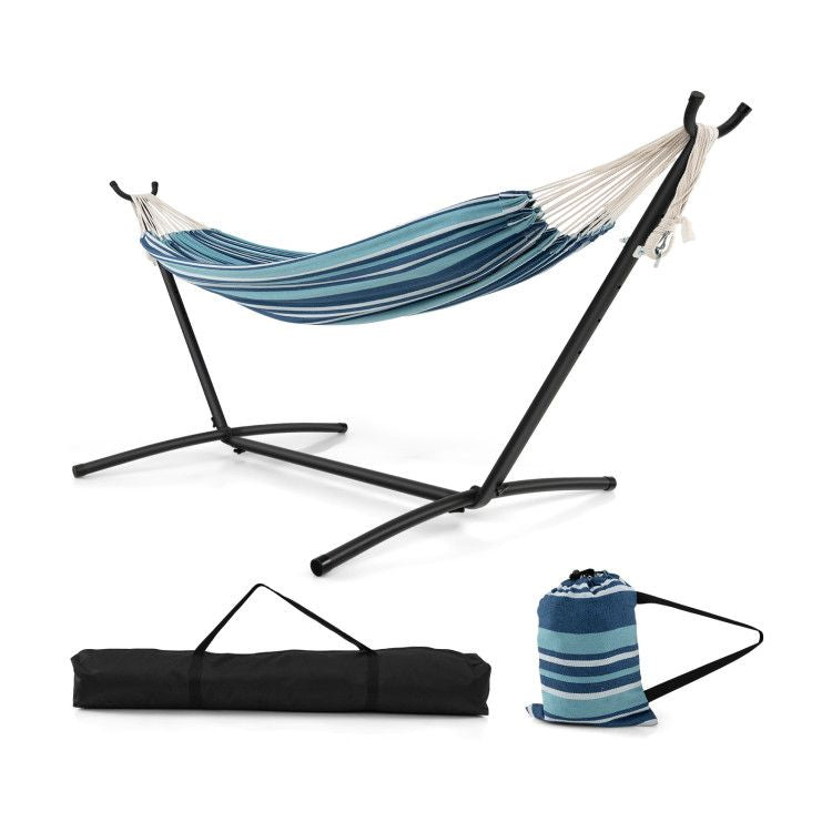 portable indoor outdoor 2 person double hammock set with stand and carrying cases - 