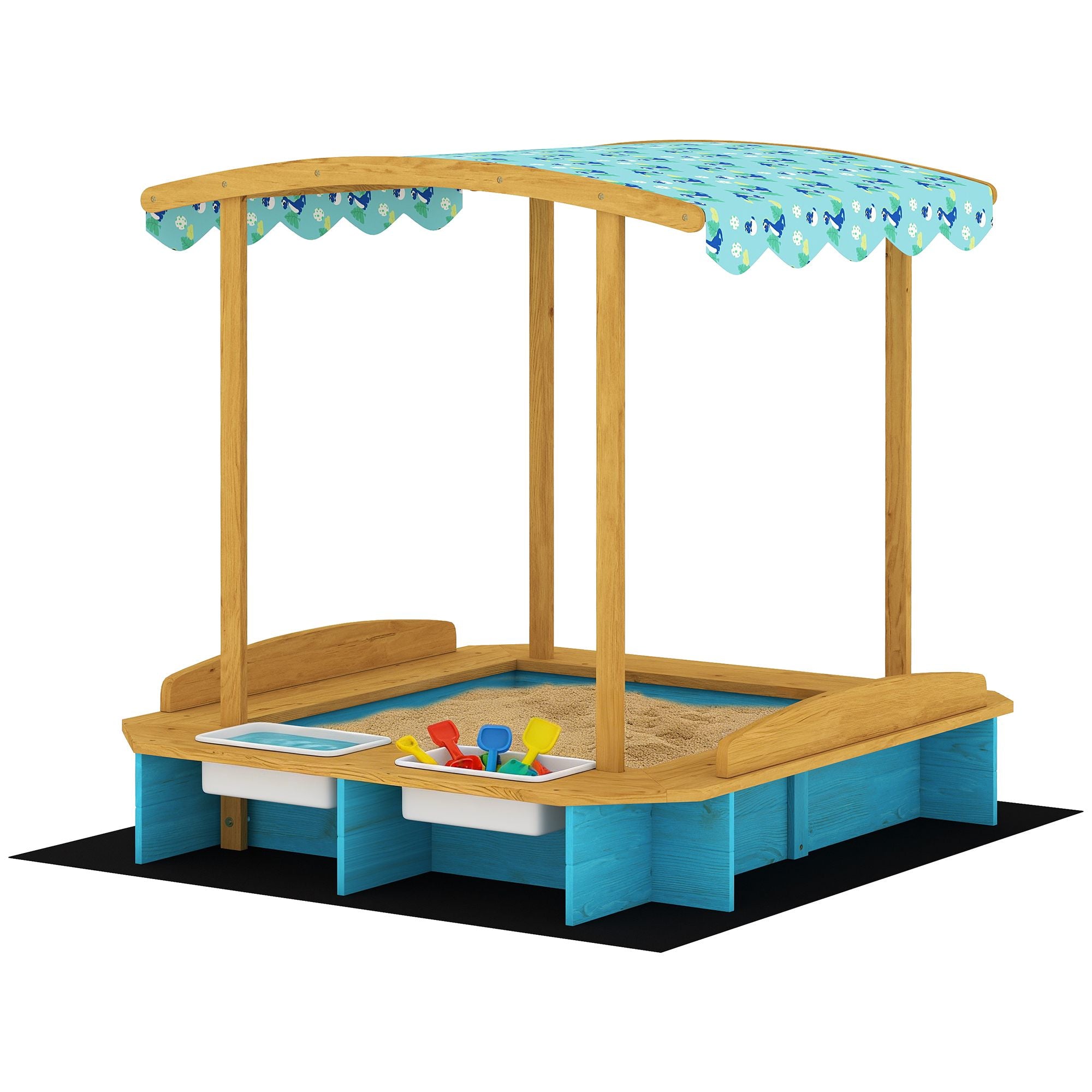 wooden sandbox with dinosaur print canopy kids sandbox outdoor with bench seats 2 storage bins - 