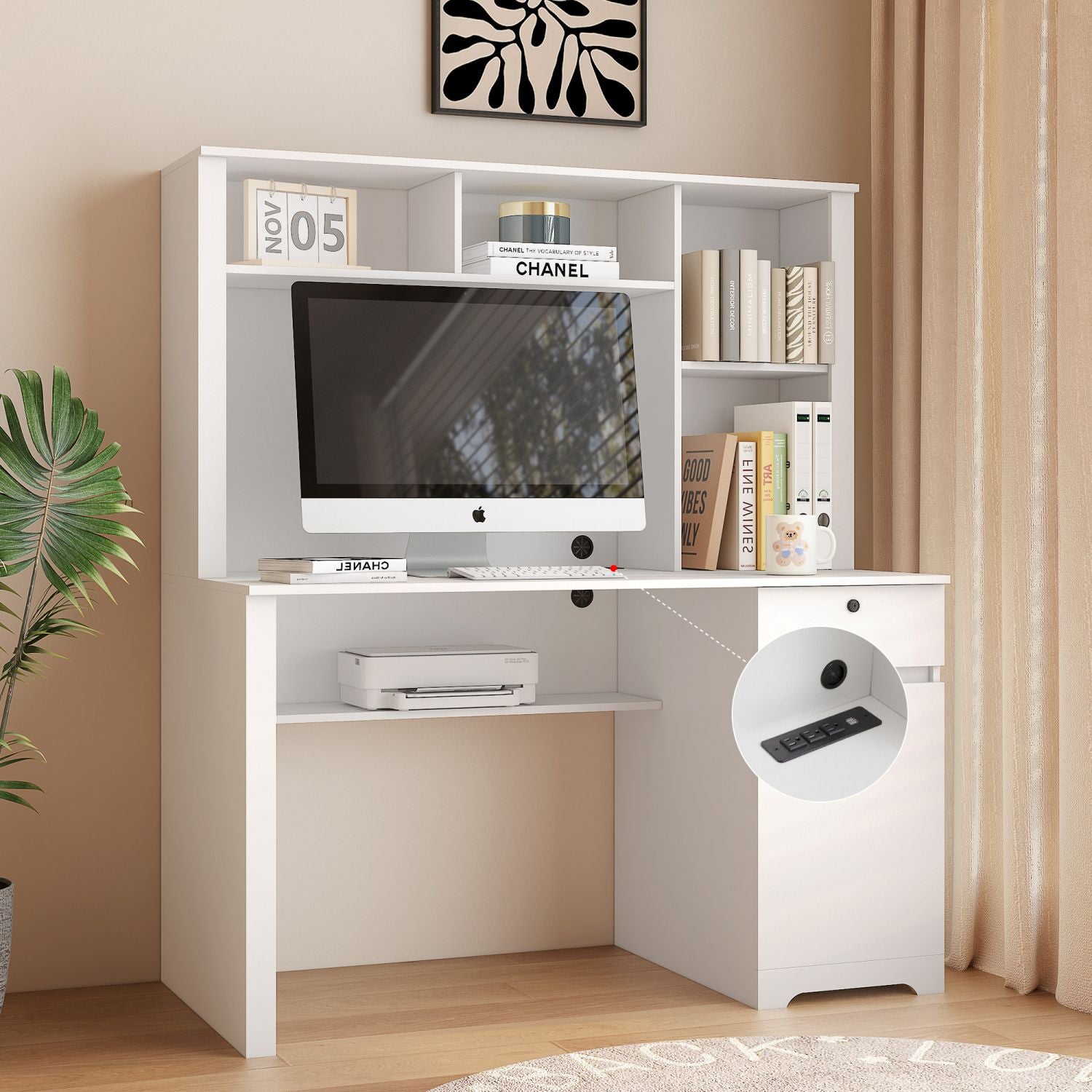 versatile white desk with hutch and bookshelf equipped with charging ports drawers for home office and study needs - ima
