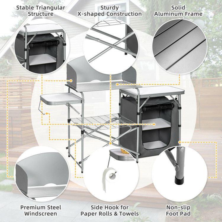 foldable outdoor bbq portable grilling table with windscreen bag - 