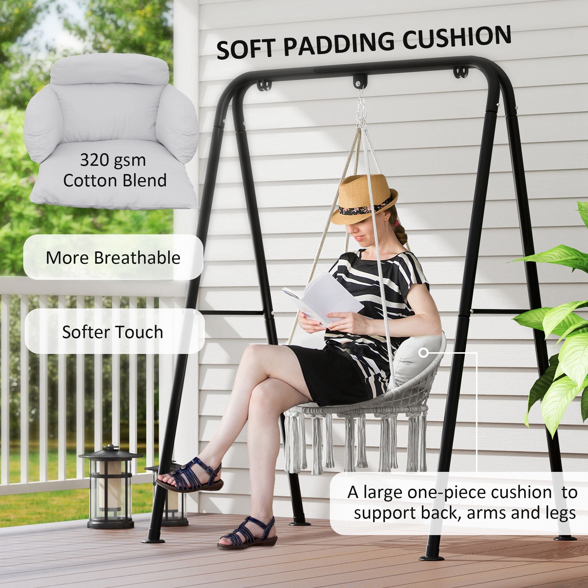 hammock swing chair macrame hanging chair with large cushion chain steel frame for indoor outdoor use gray - 
