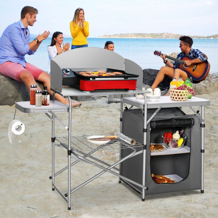 foldable outdoor bbq portable grilling table with windscreen bag - 