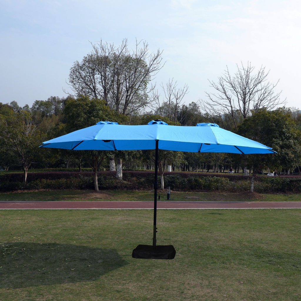 15x9ft large double sided rectangular outdoor twin patio market umbrella with light and base blue - 
