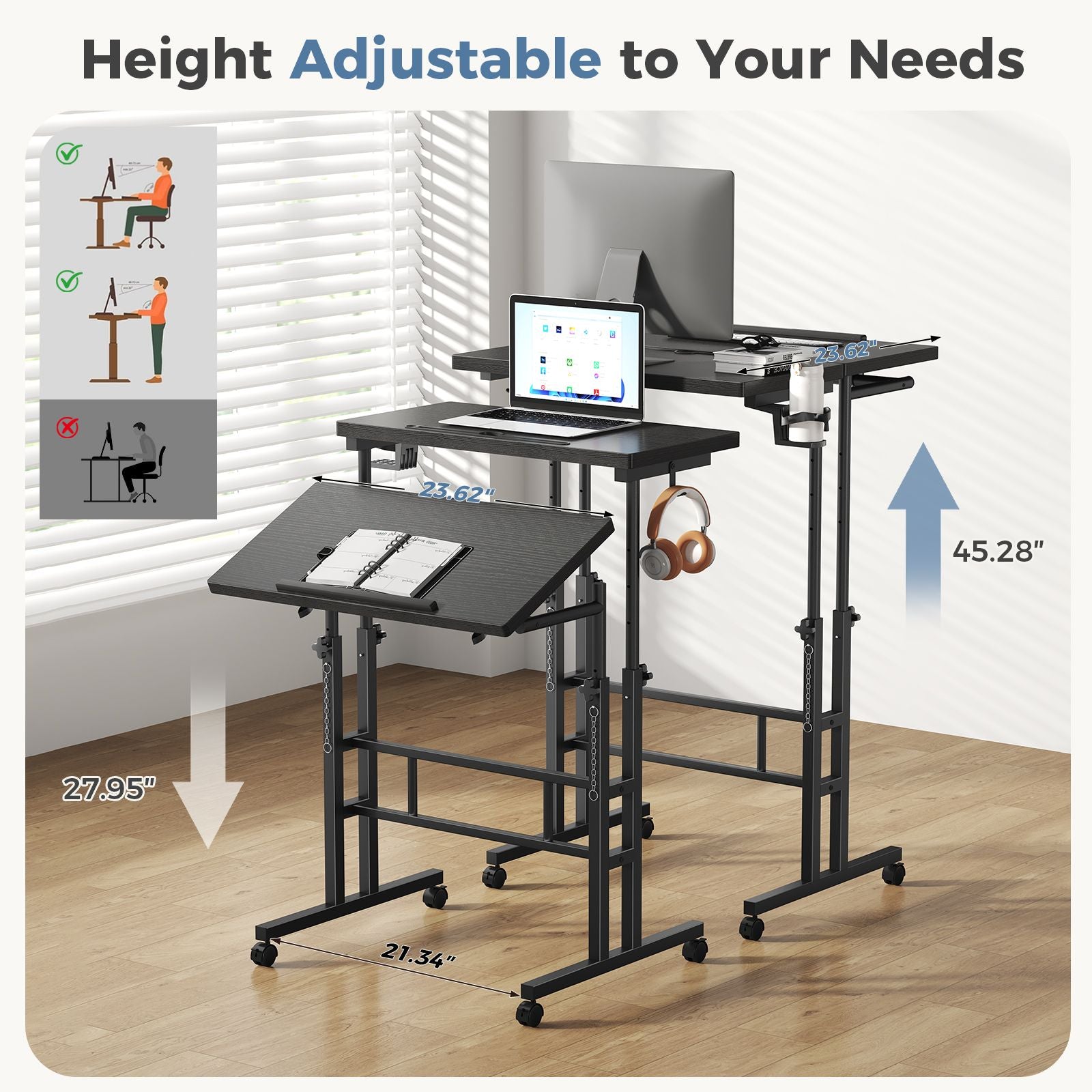 24inch manual height adjustable split top standing desk on wheels sit stand workstation with rolling base space saving t