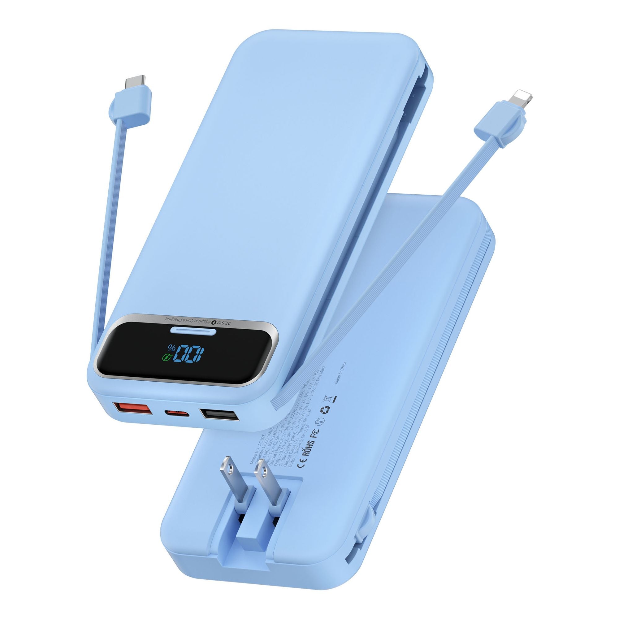Fast charging power bank with built-in cables and AC wall plug, 12000mAh capacity, in light blue.