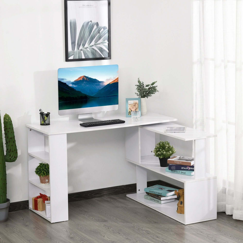 white l shaped corner computer desk with 360 rotating design storage shelves perfect home office workstation - 