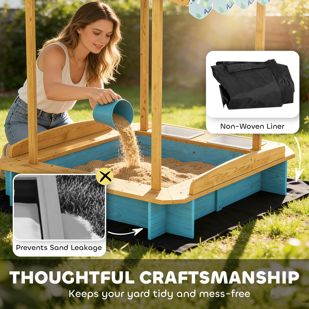 wooden sandbox with dinosaur print canopy kids sandbox outdoor with bench seats 2 storage bins - 