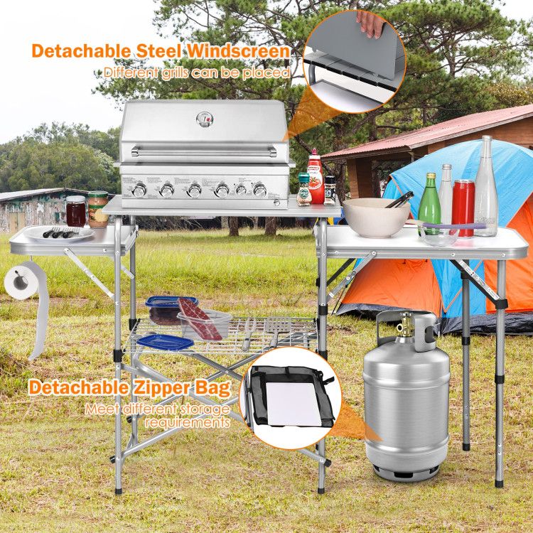 foldable outdoor bbq portable grilling table with windscreen bag - 