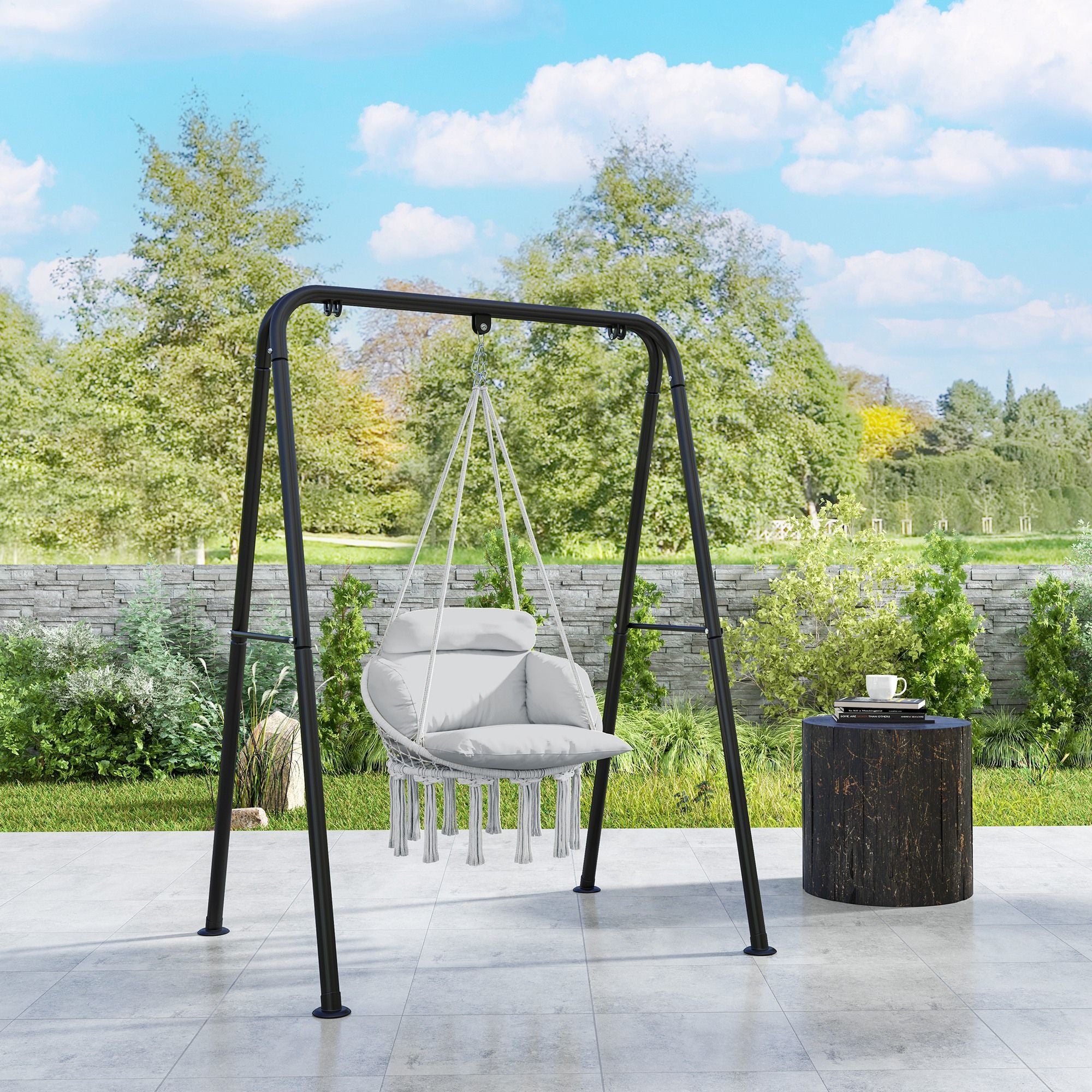 hammock swing chair macrame hanging chair with large cushion chain steel frame for indoor outdoor use gray - 