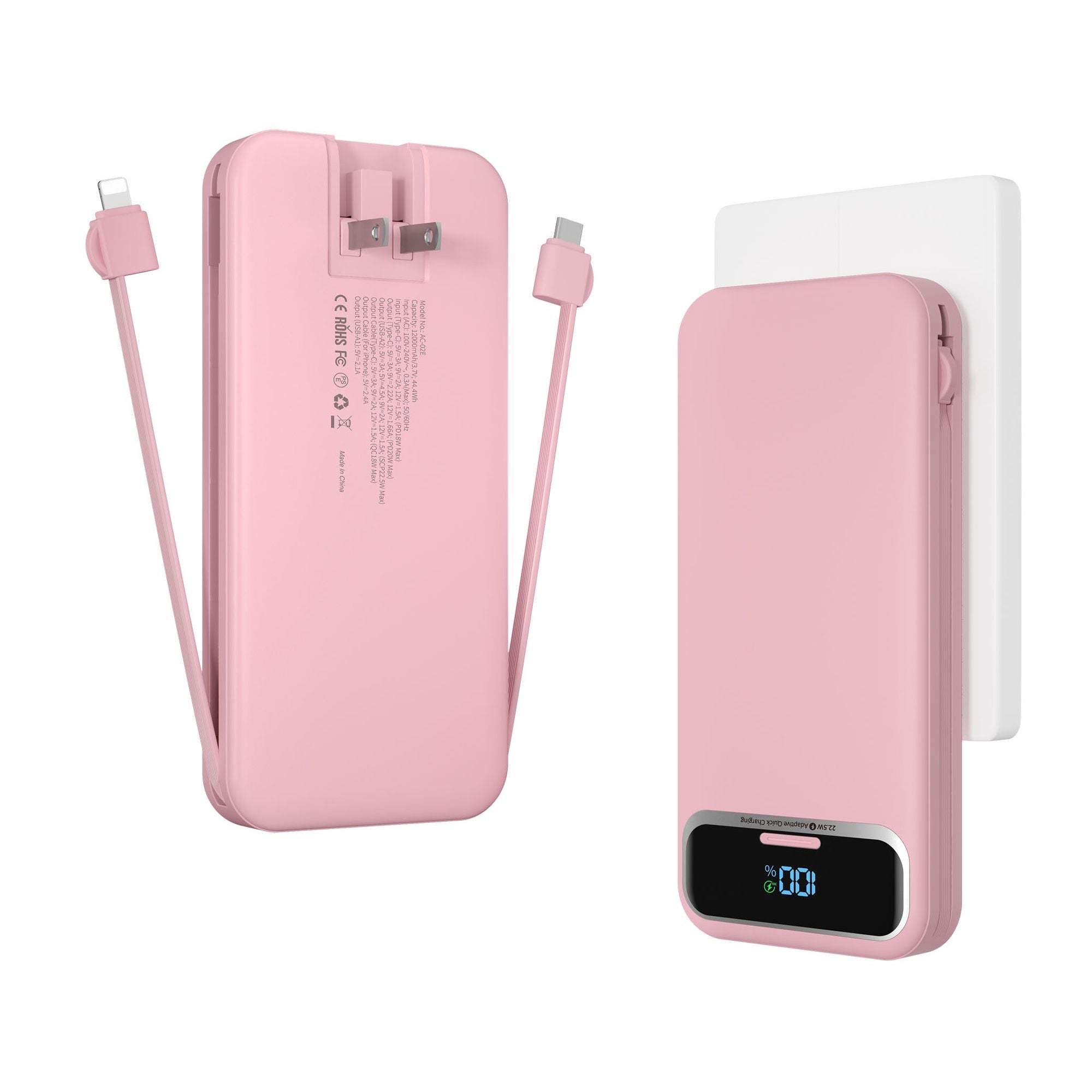 Fast charging power bank with built-in cables and AC wall plug in pink color.