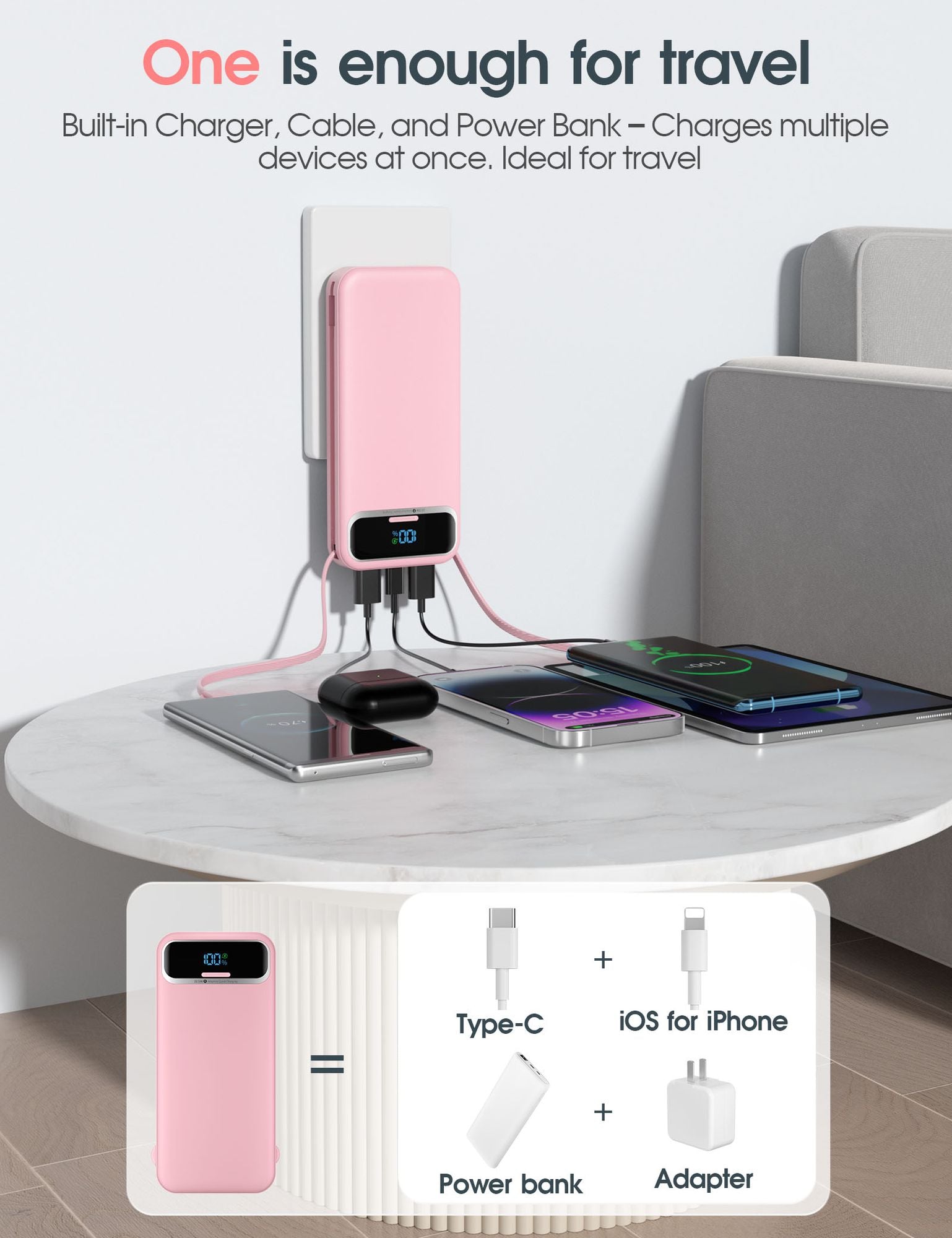 Fast charging power bank for Android & iPhone with built-in charger and cables, ideal for travel and multiple device charging.