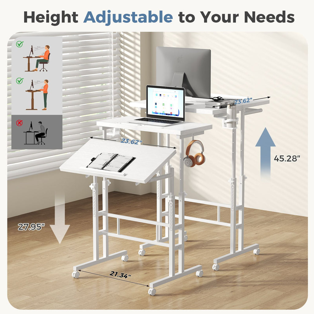 24inch manual height adjustable split top standing desk on wheels sit stand workstation with rolling base space saving t