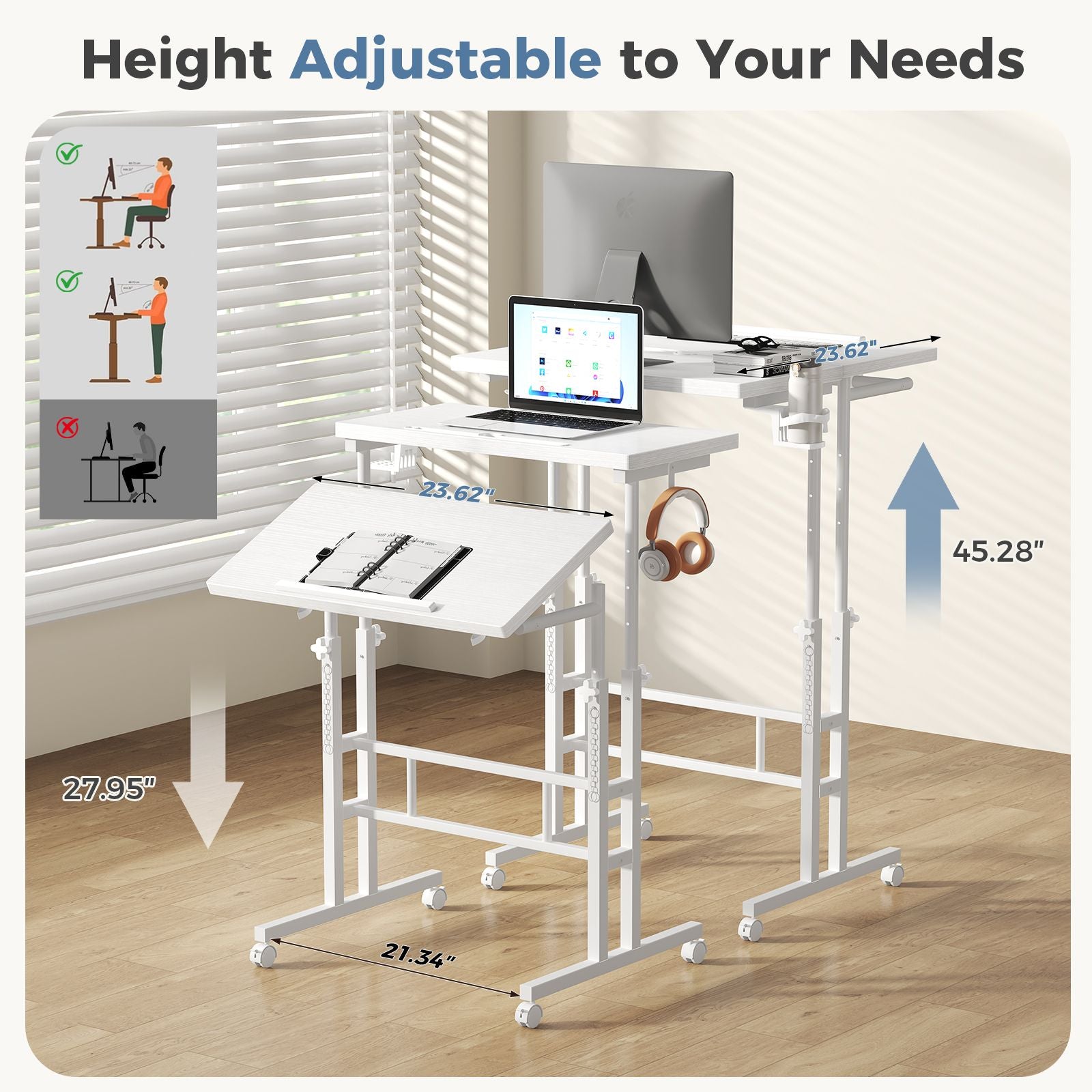 24inch manual height adjustable split top standing desk on wheels sit stand workstation with rolling base space saving t