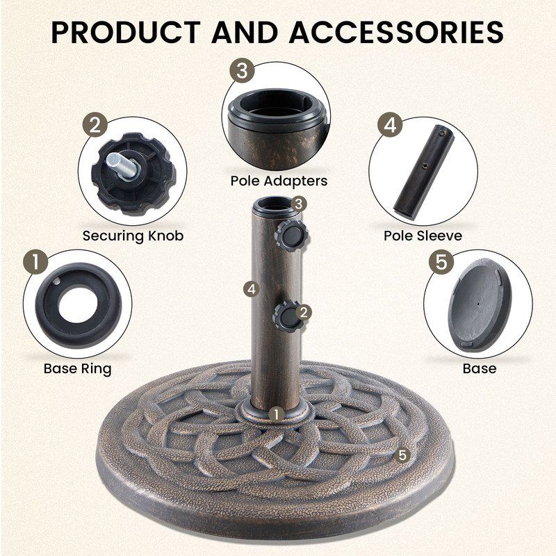 16 5 inch umbrella base 2 manual knobs 22 lbs resin base 2 adapters weather resistant bronze powder coated construction 
