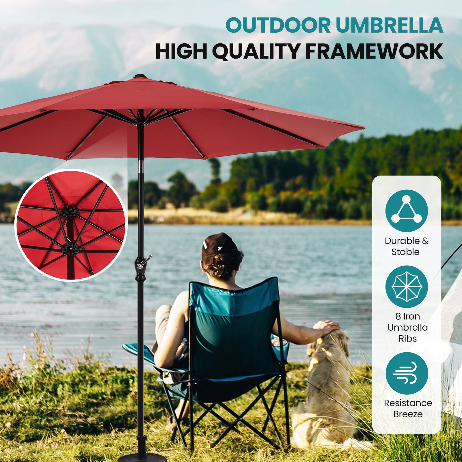 7 5 foot outdoor terrace sun umbrella with button tilt and hand cranking device 6 rib design uv15 waterproof fabric - im