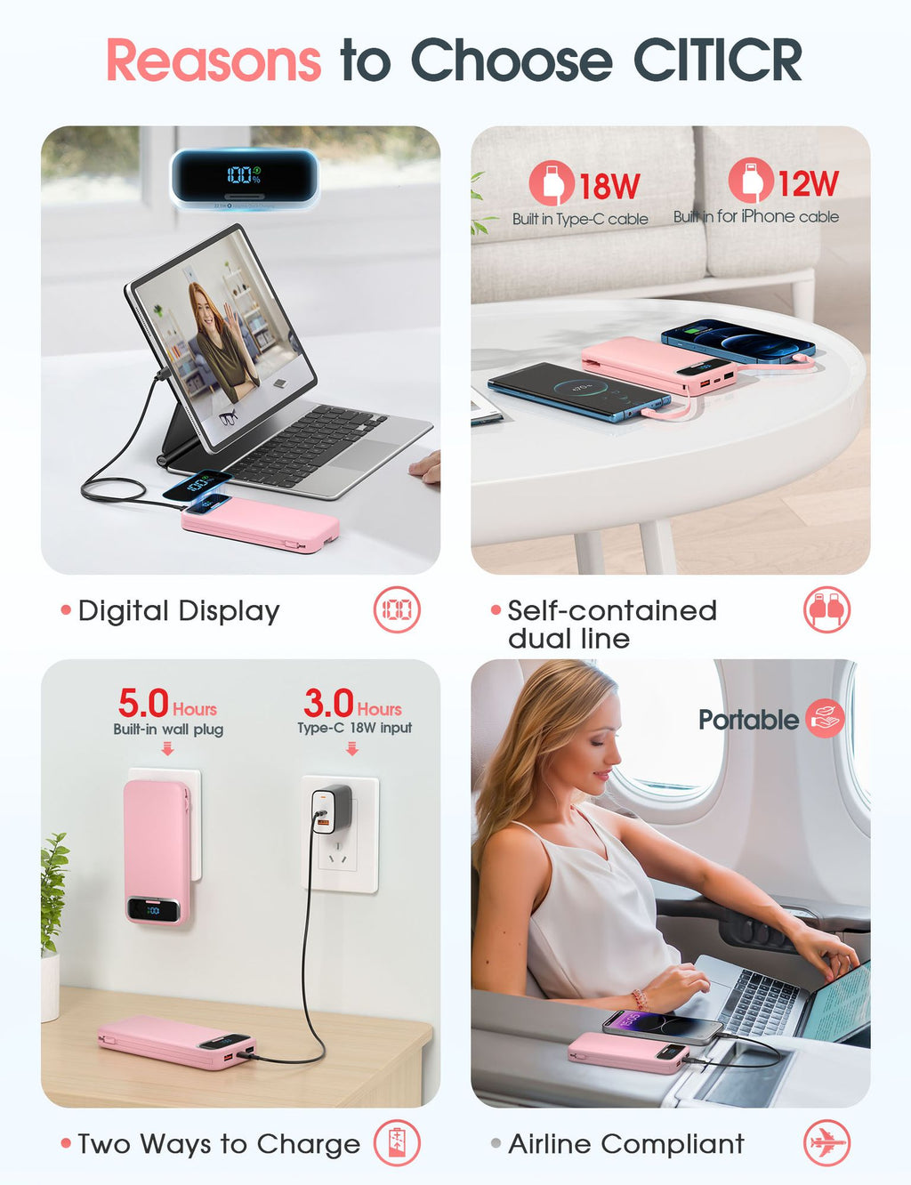 Fast charging power bank with digital display, dual charging, portable design, and built-in cables for convenience.