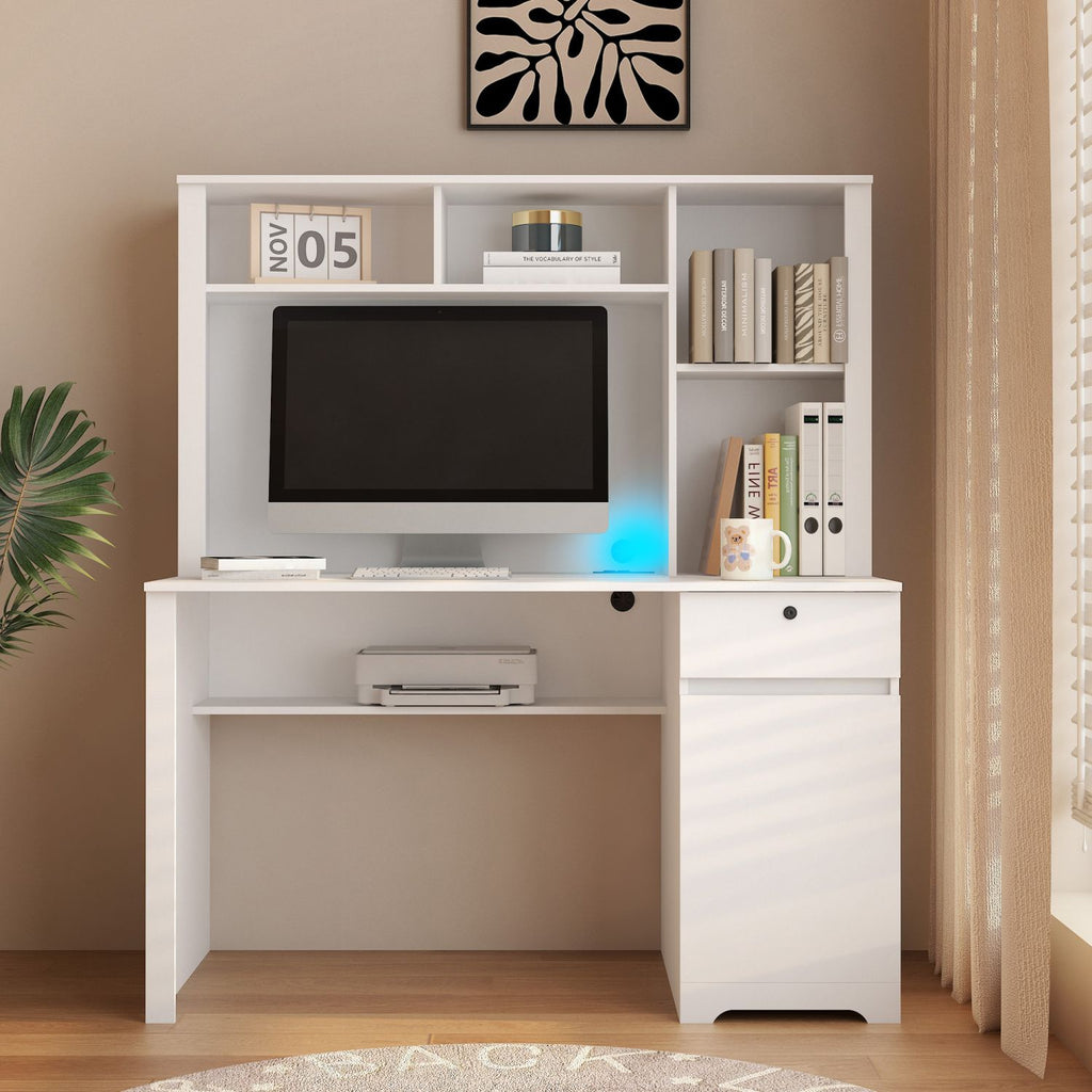 versatile white desk with hutch and bookshelf equipped with charging ports drawers for home office and study needs - ima