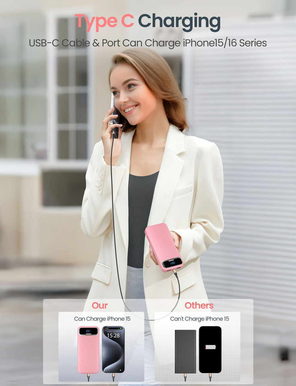 Type C charging power bank shown with USB-C cable, demonstrating compatibility with iPhone 15/16 series, ideal for fast charging.