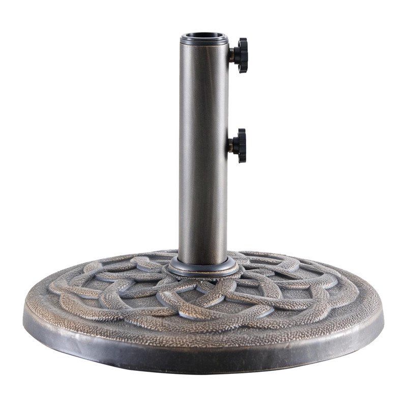 16 5 inch umbrella base 2 manual knobs 22 lbs resin base 2 adapters weather resistant bronze powder coated construction 