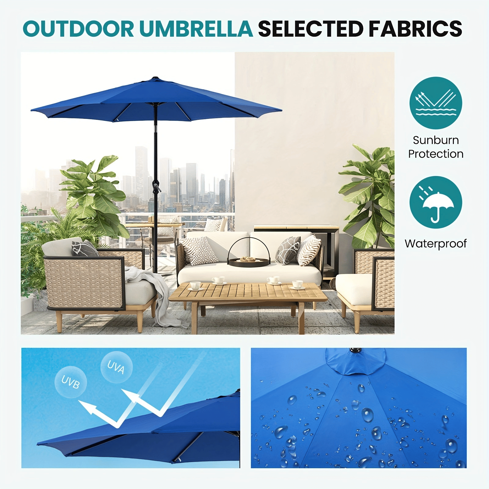7 5 foot outdoor terrace sun umbrella with button tilt and hand cranking device 6 rib design uv15 waterproof fabric - im