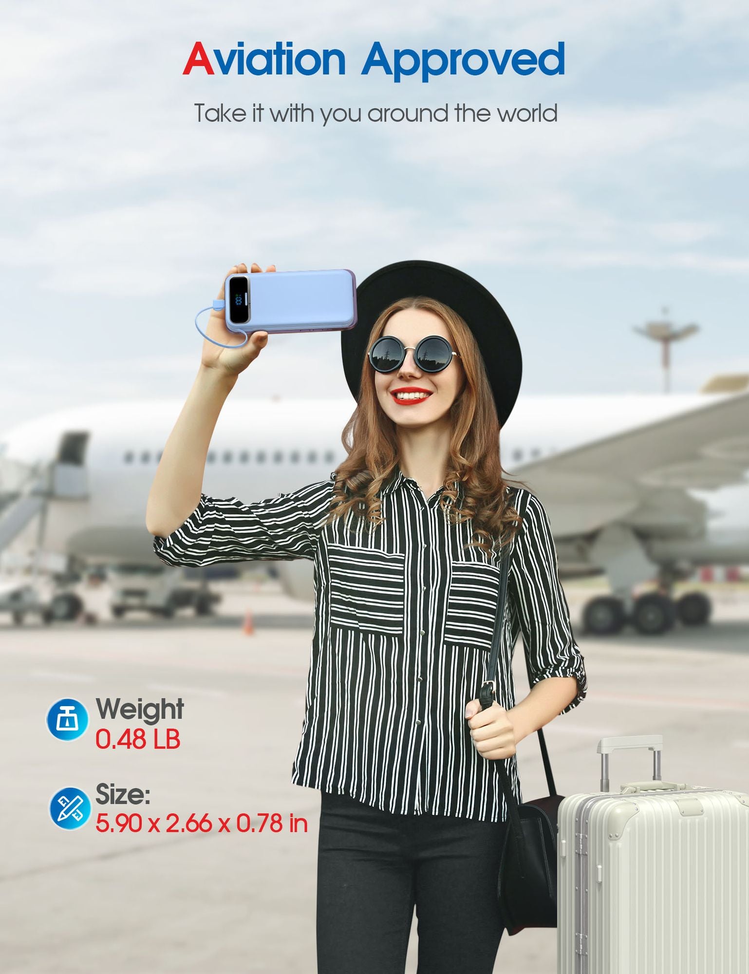 A happy traveler holding a phone at an airport, showcasing the aviation-approved fast charging power bank.