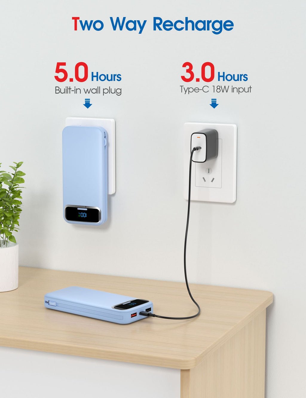 Fast charging power bank with built-in wall plug and Type-C input for quick recharging options.