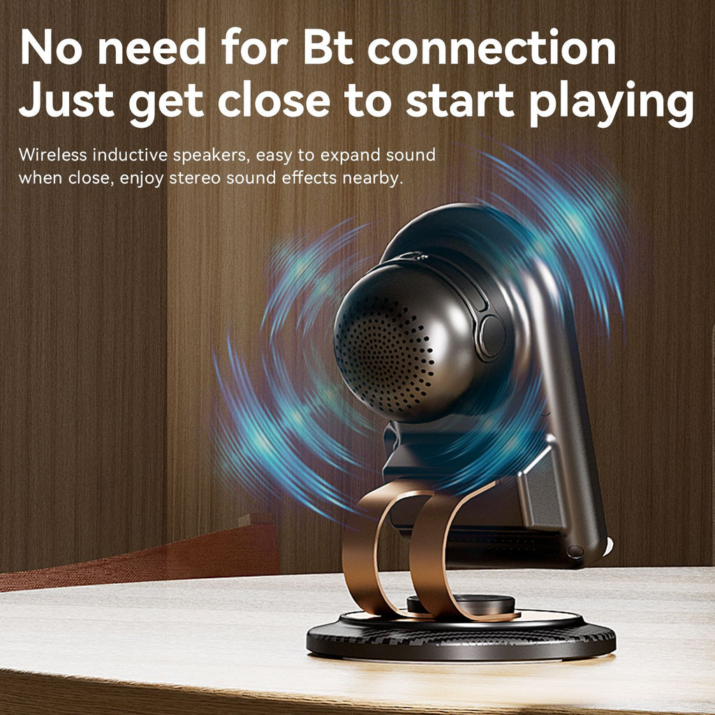 cell phone stand with instant wireless induction bluetooth speaker no bluetooth pairing needed 1 second connection hd su