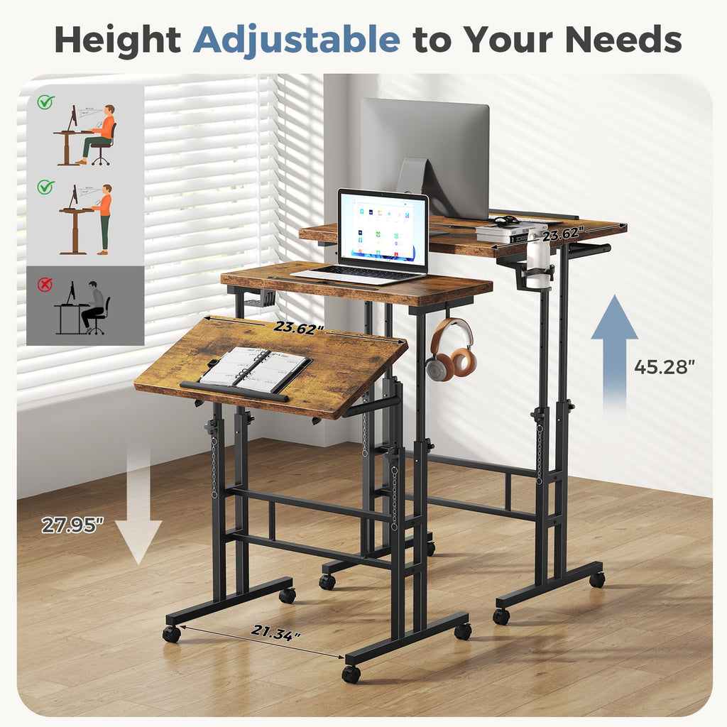 24inch manual height adjustable split top standing desk on wheels sit stand workstation with rolling base space saving t
