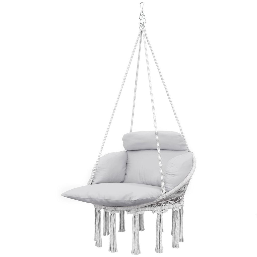 hammock swing chair macrame hanging chair with large cushion chain steel frame for indoor outdoor use gray - 