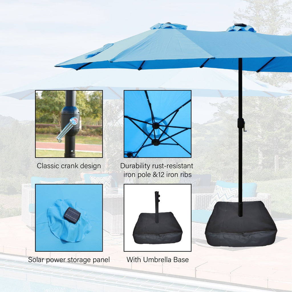 15x9ft large double sided rectangular outdoor twin patio market umbrella with light and base blue - 