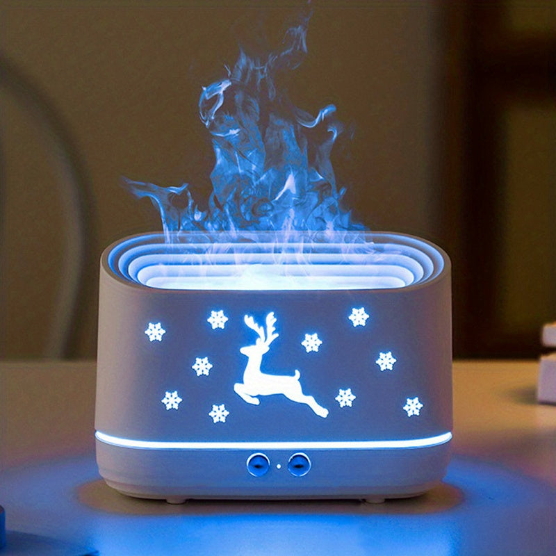 Humidifier with reindeer and snowflake design on a blurred background